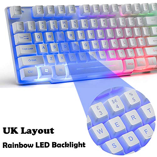 LexonElec UK T8 Layout Gaming Tastiera e mouse Imposta Rainbow retroilluminato Tastiera da gioco USB ergonomica + 2400 DPI 6 pulsanti Optical Rainbow LED Mouse da gioco USB + Mouse pad da gioco GRATIS