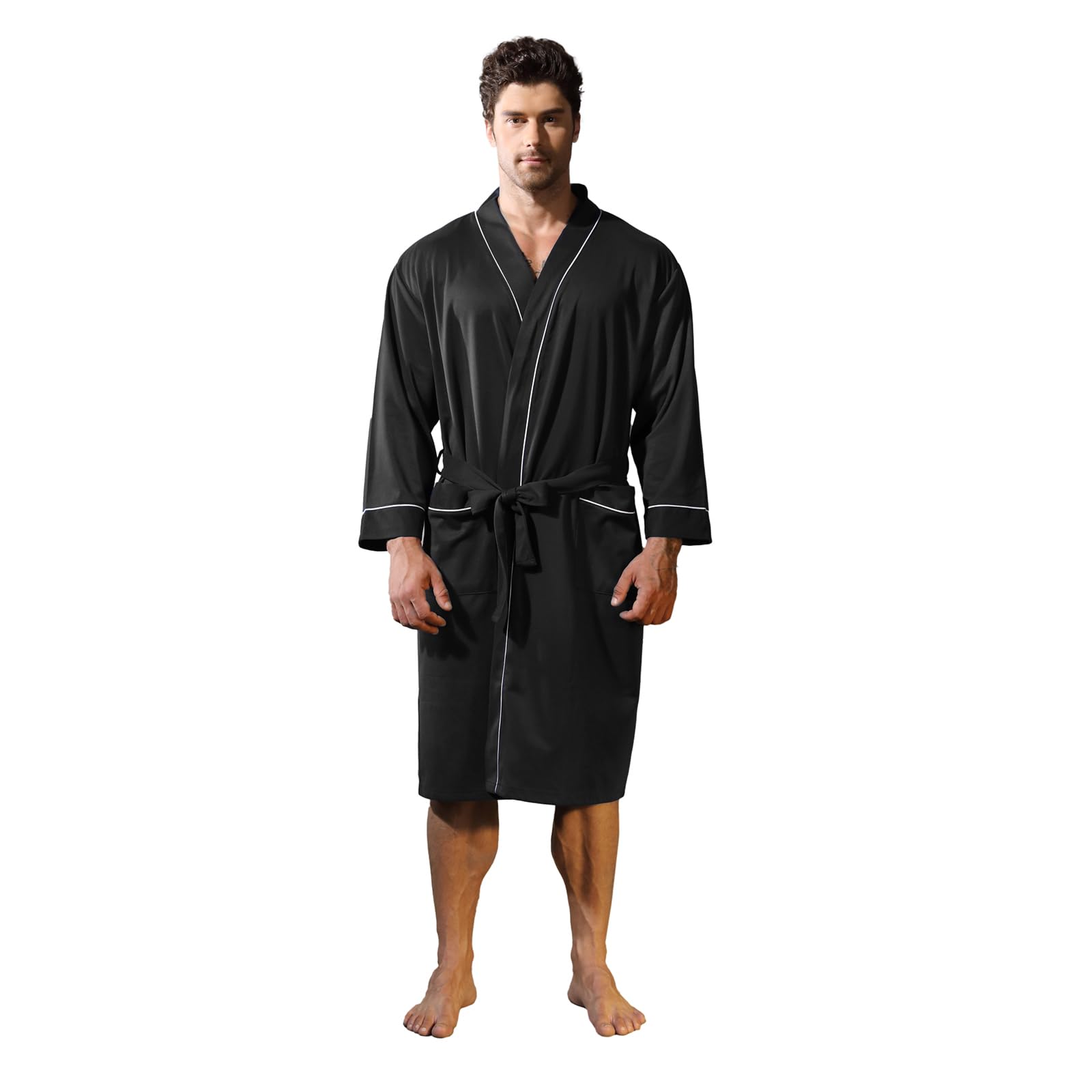 Lagtew Mens Kimono Robe Lightweight Soft Bathrobe Sleepwear Loungewear with Pockets, Black, Large