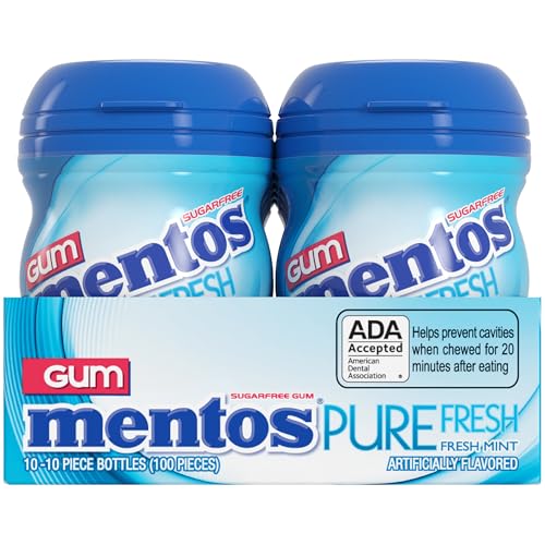 Image of Mentos Pure Fresh Sugar‑Free Chewing Gum with Xylitol, Fresh Mint, Mini Nano Bottles, Miniature Pack Size, 10 Pieces (Pack of 20)