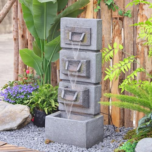 SERBILHOME 4-Tier Resin Waterfall Fountain Outdoor 34.84” Indoor Water Fountain Outdoor with Led Lights for Modern Floor-Standing Cascading Water Feature Garden, Home Art Decor