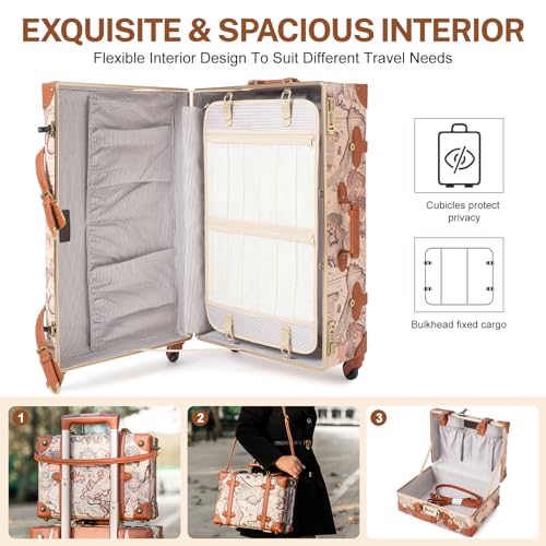 urecity Vintage Luggage Set of 3, Victorian Map Print, 26 inch, 12 inch, 12.5 inch3