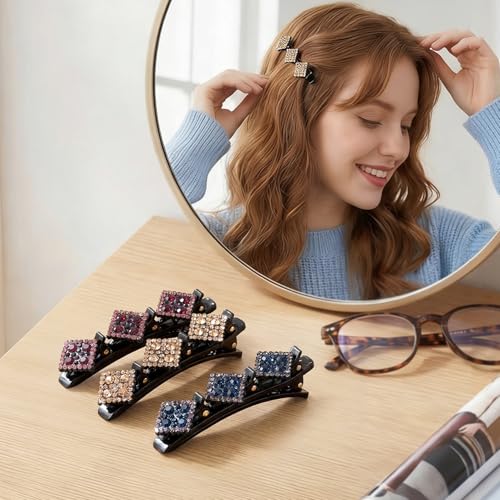 HINZIC 3 Pzs Pinzas trenzadas para cabello para mujer, doble capa con brillantina y cristales, antideslizantes, para uso diario y fiestas - Champagne, Gris y Morado miniatura 5