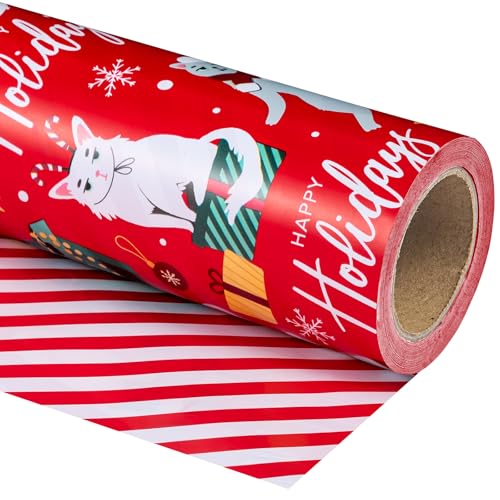 WRAPAHOLIC Reversible Cat Christmas Wrapping Paper - Mini Roll - 17 Inch x 33 Feet - Red Christmas Cat Wrapping Paper and Stripes Design for Holiday, Party Celebration