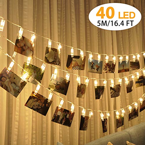 Cookey 40 LED Photo Clips Lumières Chaîne 5 Mètres Guirlande Lumineuse Blanche Chaude Alimentée par USB Photos Cartes Images Suspendues Peg Lights Décoration pour Noël Saint Valentin Fêtes Lumières
