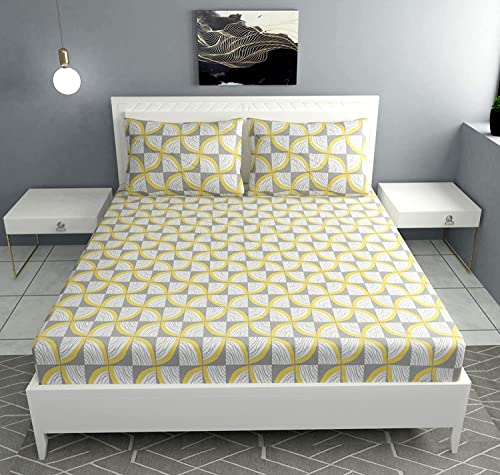 Image of Cotton Feel Glace Cotton Elastic 300 TC Printed Fitted Bedsheet Queen Size Double Bed with 2 Pillow Covers (60 inch x 78 inch inches (Queen Size), Yellow Slice)
