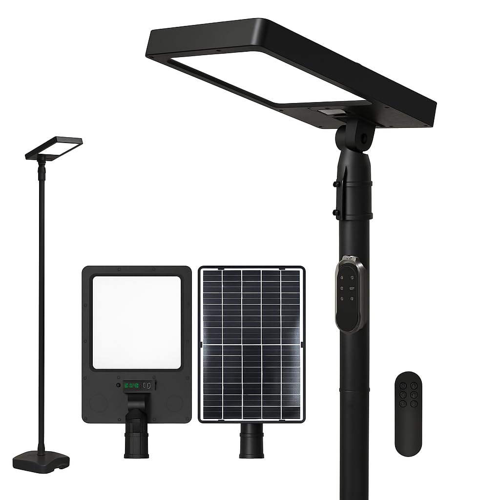 Dopa Lampione LED Solare 240W da Esterno con Palo e Base Faro Lampada Solare per Giardino Cortile Kit Completo con Telecomando Magnetico IP54 Metallo e ABS con 3 Temperature di Luce 3000K/4000K/6500K