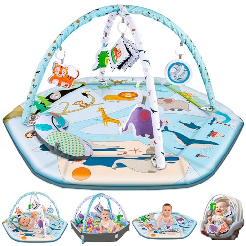 Image of VZO Baby Gym Play Mat, Infant Play Mat and Activity Gym, 2 in 1 Baby Play Gym Mat & Ball Pit, Activity Center for Baby, Play Mats for Babies and Toddlers, Tummy Time Mat Toys 0-3-6-12 Months