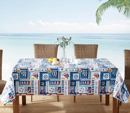 Newbridge Blue Nautical Sailboats and Lighthouses 60 x 120 Inch Rectangle Vinyl Flannel Backed Tablecloth, Patchwork Indoor Outdoor Holiday Dining Vinyl Flannel Backed Table Cover