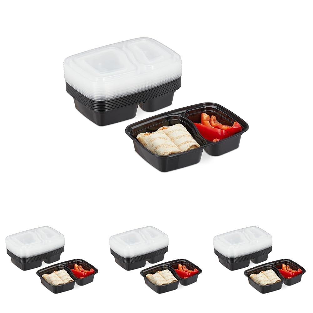 Relaxdays Meal Prep Boxen, 10er Set, 2 Fächer, mikrowellengeeignet, 800 ml, Kunststoff Essensbox mit Deckel, schwarz, 10028692 (Packung mit 4)