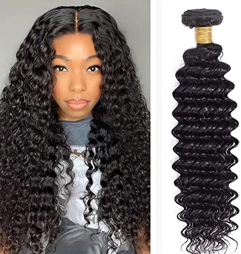Deep Wave Bundles Human Hair 1 Bundles 16 Inch Water Wave Bundles 10A Brazilian 100% Unprocessed Virgin Human Hair Wet and Wavy Bundles Double Weft Deep Curly Weave Natural Black
