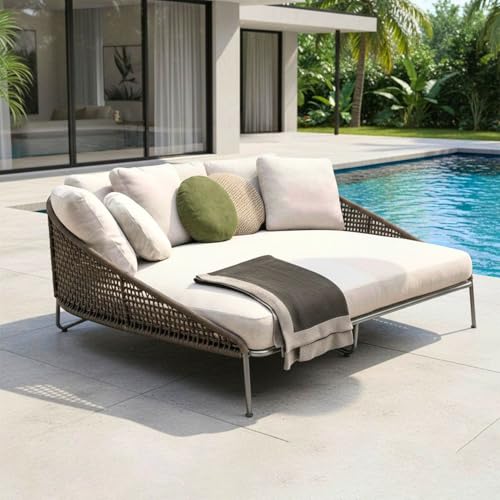 DEVOKO Outdoor Patio Rope Daybed, Round Sofa, Sunbed, Swimming Pool Side, Round Sun Lounger, Garden, Terrace, Balcony, Rattan Rope Furniture Daybed (B