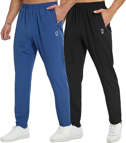 frueo 2 Pack Tracksuit Bottoms Men Lightweigt Jogging Trousers with Zipper Pockets Work Joogers Fit Sport Casual Sweatpants for Running Gym Training(0601) Black Blue-M