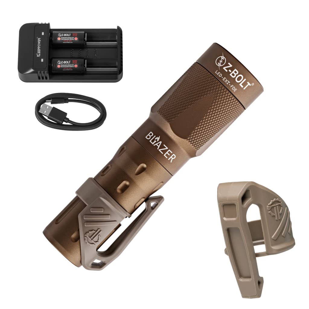 Gen 1 Closeout! Z-BOLT® Blazer LED Flashlight for EDC & Patrol. 200 Meter Extreme Beam Throws & 35° Spill & Flood; Superior Mid-Range Illumination; Free THYRM LPC Clip! (FDE, 18350 Batts & Charger)
