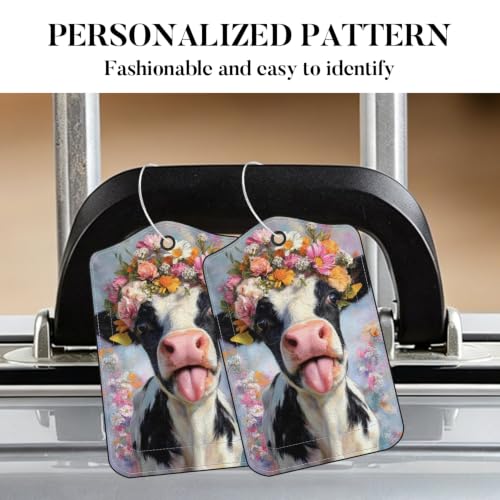 Image of Flower Crown Cow Luggage Tags 2 Pack, PU Leather Privacy Flap