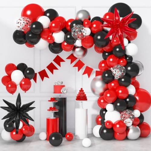 Ouddy Life 142pcs Red and Black Balloon Garland Arch Kit Class of 2026 Decorations Graduation Red Black and White Sliver Confetti Balloons Foil Star for Anniversary Birthday Racing Car Poker Party