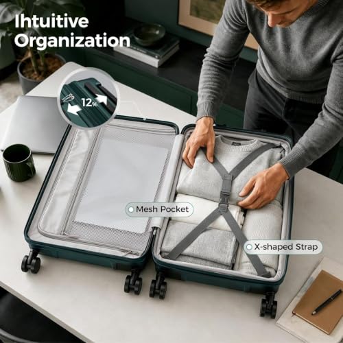 Image of Carry on Luggage Top opening Suitcases, Expandable with Cup&Phone Holder and USB Charging Port,Hardside with Front Pocket Rolling Suitcases with Spinner Wheels&YKK Zippers(Dark Green, 20 Inch)