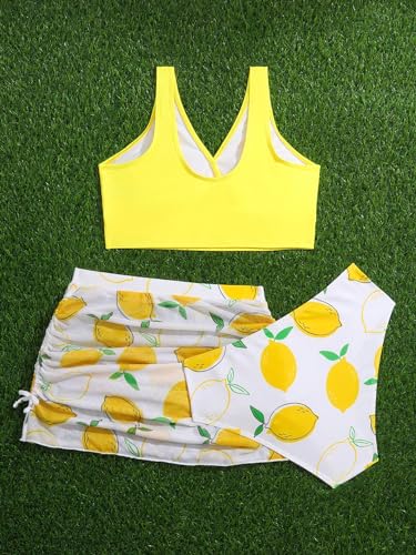 Girl's Swimsuits 3 Piece Lemon Print Sleeveless Bathing Suits with Ruched Cover Ups Skirt2