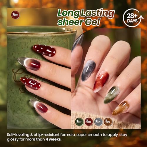 Image of Beetles Jelly Gel Nail Polish Set - Natural Coda 6 Colors Dark Gel Nail Polish Kit Brown Green Black Teal Burgundy Red Sheer Translucent Effect Soak off UV Blooming Nail Art DIY at Home Gift