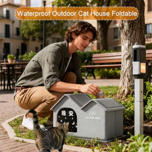 Cabane pour chat d'extérieur thermique et imperméable avec structure fermée pliable - 3