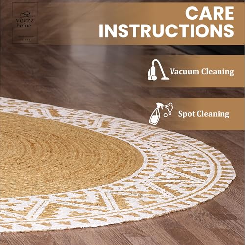 Image of voyzz home 5x8 Feet-Oval, Premium Natural Jute Braided Area Rug, White Printed Border, Stain Resistance, Natural Brown, Handmade Rug for Entryways, Living Room, Dining Room, Bedroom, Office, Farmhouse