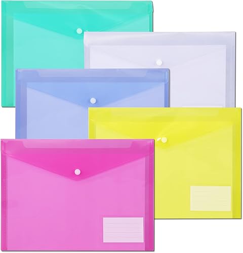 MILOLO File Folders,Plastic Envelope Folder with Snap Closure,US Letter A4 Size Poly Envelopes with Label Pocket,Folders for Documents,Assorted Color,10 Pack