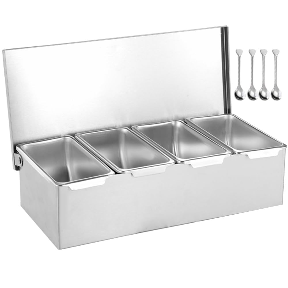 WDSOPK Commercial Spice Rack Set, Stainless Steel Condiment Racks With Pans And Lids, Countertop Dispenser Spice Rack For Seasoning Sauce Salad Jam Ingredients, Food Container (63x20.5x14.5cm)