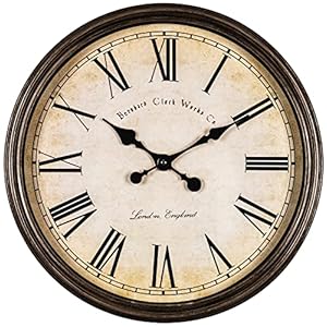 Bernhard Products Large Decorative Wall Clock 20 Inch Silent Non Ticking Battery Operated Quartz Vintage Stylish with Rustic Dark Brown Rim for Home Living/Dining Room Kitchen & Over Fireplace