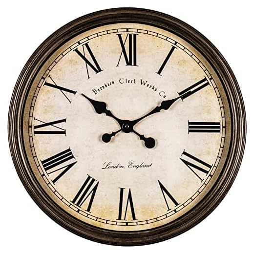 Bernhard Products Large Decorative Wall Clock 20 Inch Silent Non Ticking Battery Operated Quartz Vintage Stylish with Rustic Dark Brown Rim for Home Living/Dining Room Kitchen & Over Fireplace