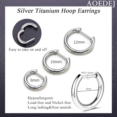 AOEDEJ G23 Titanium Silver Hoop Earrings 18G Small huggie hoop earrings 8mm/10mm/12mm Cartilage for Sensitive Ears for Multiple Piercing Cartilage Hoop Earring Stack Jewelry 5