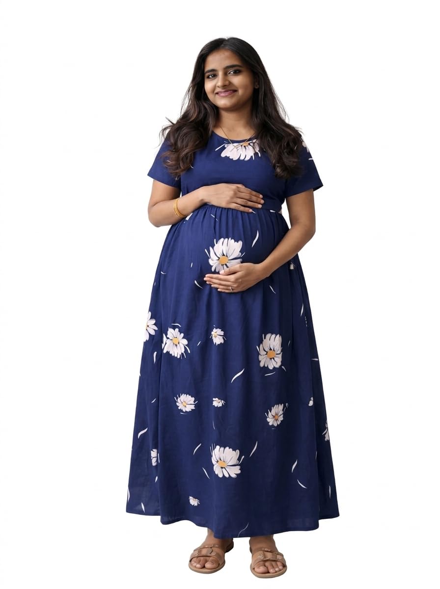 Women Maternity Night Dress | Purple Floral Print | Pure Cotton Fabric | Short Sleeves & Adjustable Waist Tie-Up | Comfortable Maternity Nightwear-image-29