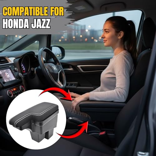 Image of KMH Premium Armrest for Honda Jazz 2014+, WR-V Center Console Box with Hold and Storage Compartment with Cushion Pad, Scandinavian Leatherize Soft Memory Foam Support Car Arm Rest - Black Design