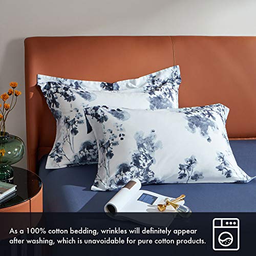 Image of MILDLY 100% Long Staple Cotton Duvet Cover Set Navy Blue Leaves Printed Comforter Cover Set Watercolor Plant Floral