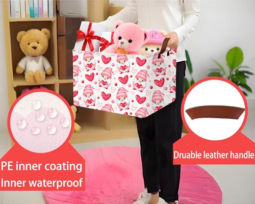 Image of Large Valentine's Day Basket Heart Shaped Storage Bin for Gifts Collapsible Organizer Room Decor (Pink Gnome Love)
