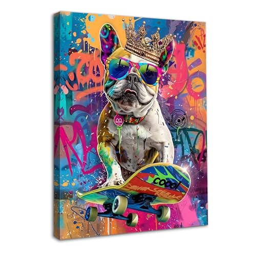 Dazzlewall Encadré Art Murale Graffiti Drôle d'un Chien Jouant au Skateboard, Poster Coloré d'Image Animalière pour la Décoration de Chambre ou Pièce...
