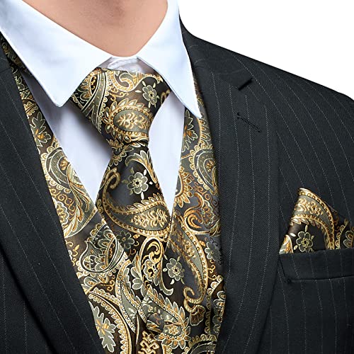 Faimo Men's Suit Vests, Mens Vests Dress Waistcoat For Suit Or Tuxedo, Business Formal Paisley Floral Gold Vest For Men +Tie Pocket Square Set #TOP3