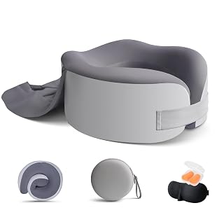 Travel Pillow for Airplane - Memory Foam Travel Neck Pillow with 360° Support, Adjustable Hooded, Flight Pillow with Eye Mask, Ear Plugs and Carry Bag, Idea for Plane Cars Trains Office - Amazon product rated Grade A