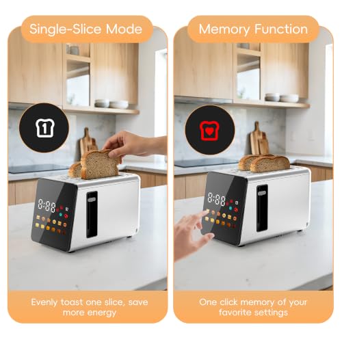 Image of WUNLY 2 Slice Toaster with Full Smart Touch Control,Memory Function,Single-Slot Tech,6 Shade Levels & 6 Bread Settings,Extra Wide Slot for Bagels,Digital Timer,Reheat&Defrost,Grey