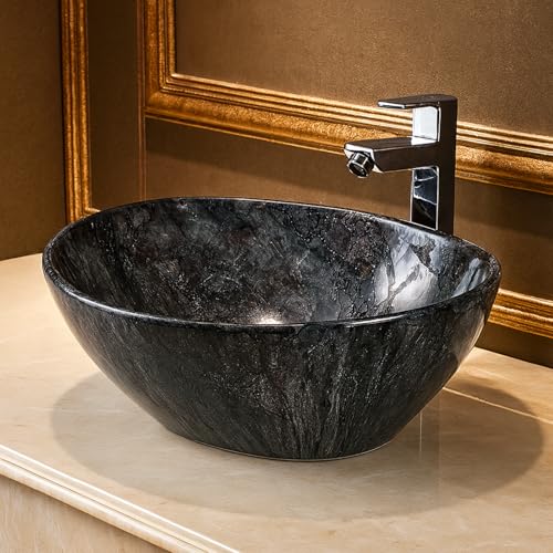 Image of Ceramic Tabletop Wash Basin - Glossy Bowl Shape Countertop Vessel Sink with Marble Finish for Bathroom & Vanity | Compact 16 x 13 x 4.5 Inch | Elegant Washbasin