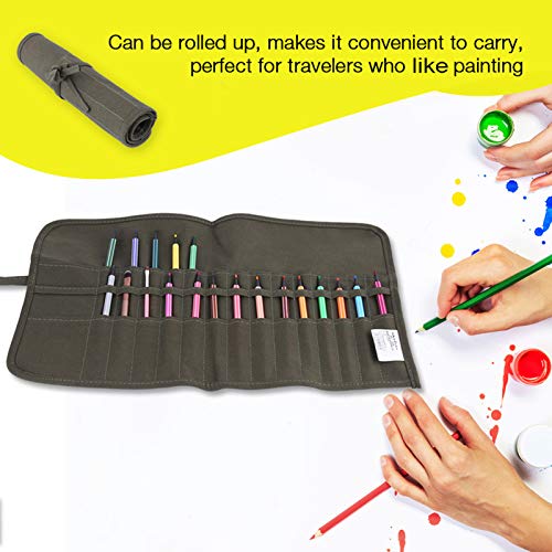 Image of Art Paint Brush Holder, 30 Slots Canvas Paint Organizer, Portable Olive Painting Brush Roll Up Case, Watercolor Painting Brushes Bag for Artist Painting, 18.9x11.81in