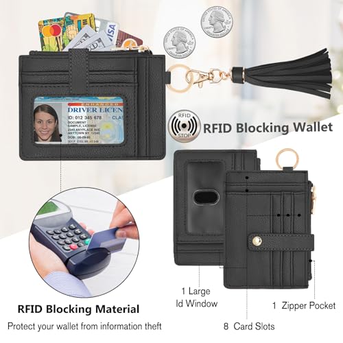 Image of KNGITRYI Wristlet Wallet for Women,RFID Keychain Wallet with Beaded Strap | 8 Card Slots,ID Window,Zipper Pocket,Leather Tassel,Compact Design