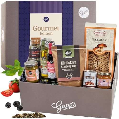 Gepp’s Feinkost Geschenkset „Gourmet Edition“ I Geschenkkorb mit italienischen Spezialitäten, Essig & Öl, Fruchtaufstrich & Backmischung I Gourmet Geschenk