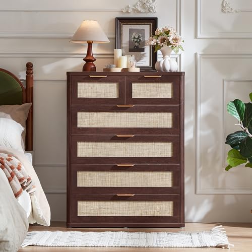 Image of LEYAOYAO Rattan Dresser for Bedroom Set of 2, 41 inch Tall Chest of Drawers, Modern 6 Drawers Boho Dressers with Storage, Vintage Brown Dresser Wooden Closet Organizer for Living Room, Hallway