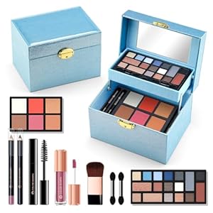 Color Nymph Makeup Kit For Teens Girls With Recyclable And Key-Lockable Cabinet Included 17-Colors Eyeshadows Blushes Bronzer Highlighter Lipstick Brushes Mirror(Blue)…