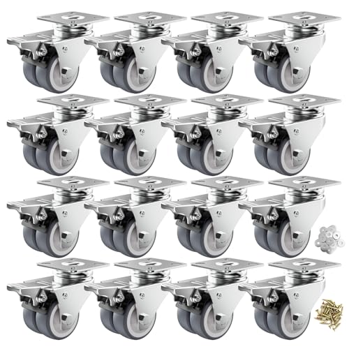 Image of Caster Wheels, 2inch Casters Set of 16 Heavy Duty, Two-Wheeled Grey TPR Casters with Brake, Double-Wheeled Swivel Plate Locking Castor Wheels Widely Used in All Kinds of Furniture.(16 Pack)