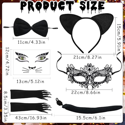 6 Stück Katzenkostüm Damen,Katzenohren Haarreif,Katzenkostüm,Kostüm Katze Damen,Katze Kostüm Damens mit Katzenschwanz,Spitzenbesetzte Augenmaske Handschuhe Aufkleber für Karneval,Kostümfest,Cosplay