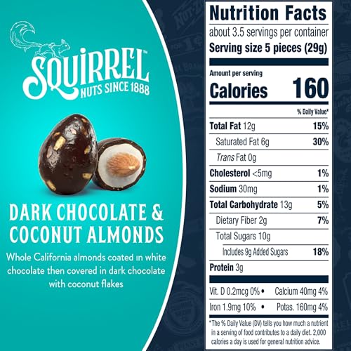 Image of Squirrel Brand Dark Chocolate & Coconut Almonds, 3.5 Ounces, Resealable Bag, Gluten Free, Kosher, Snacks for Adults and Kids, California Almonds, Fair Trade Certified Cocoa (Pack of 4)