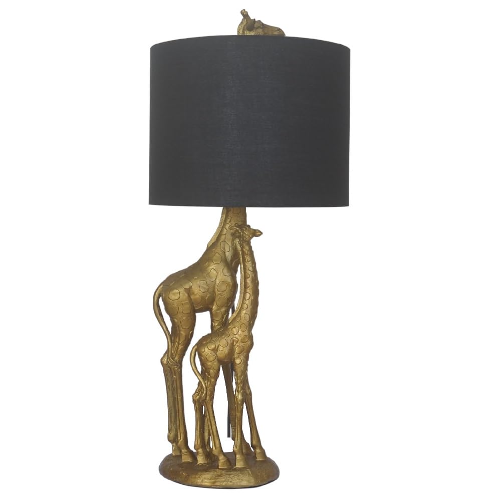 Britalia Gold Resin Standing Giraffe Family Sculpture Vintage Table Lamp with Black Cotton Drum Shade | 54cm Height | 1 x ES E27 Lamp Bulb Required | UK Approved | High Definition Safari Scene