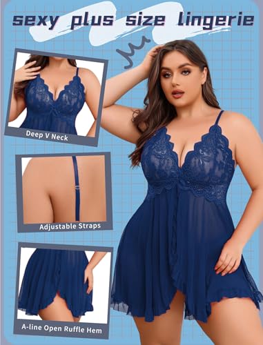 Image of Avidlove Plus Size Lingerie for Women Sexy Lingerie Dress Lace Babydoll Lingerie V-Neck Open Front Strap Nightdress