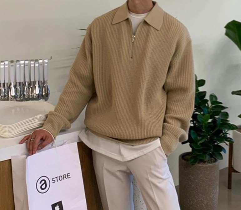 POHADON Mens Quarter Zip Up Sweater Pullover Fall Winter Long Sleeve Knitted Polo Sweatshirt Korean Fashion3