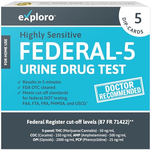 Exploro 5 Panel Drug Test Kit – at Home Urine Drug Screen for THC, Cocaine, Amphetamines, Opiates, PCP – Federal 5 Standard with Quick Results for Pre-Employment & Personal Use (Pack of 5)
